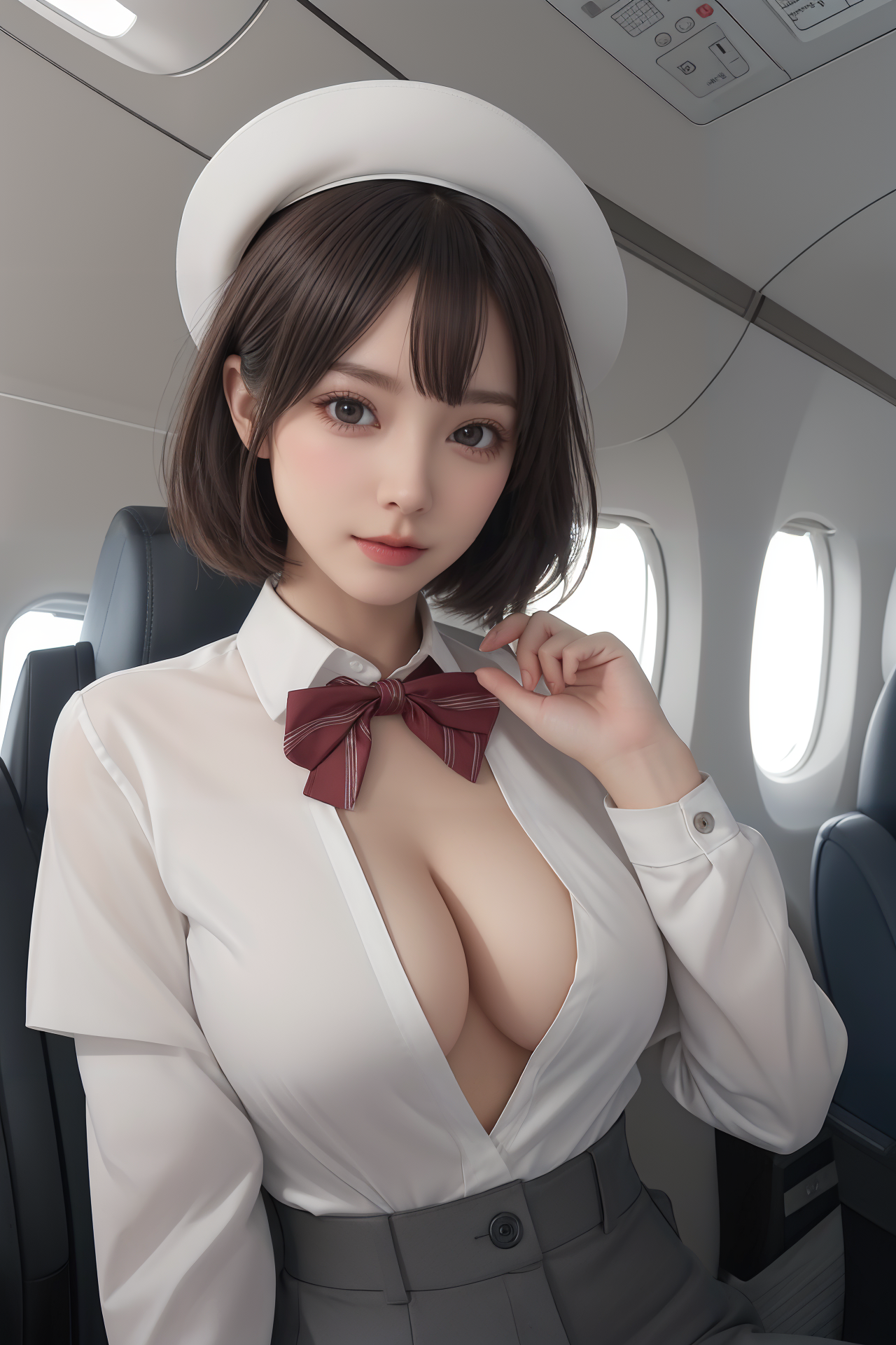 AIGC, 飞机, 服务员, 美丽, 乳房, 分裂, 角色扮演, 飞行, flight attendant, 女孩, 性感的, 甜