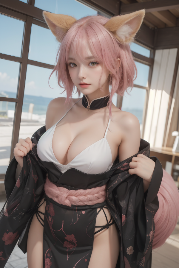 AIGC,anime animals,beautiful,breasts,cleavage,cosplay