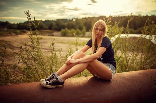 bokeh, figuur, gras, kapsel, benen, blond