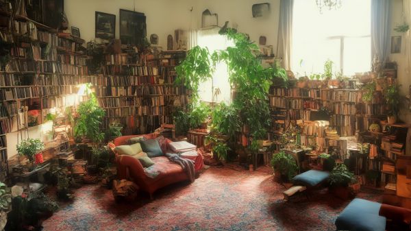 garden,books,cozy,home,library,living space