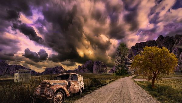 voiture,vieux,maison,rouillé,des nuages,ciel