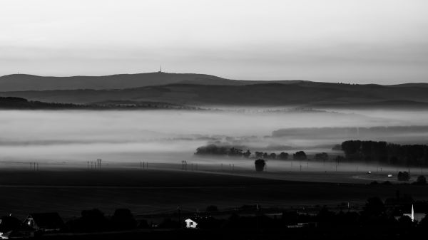 nebuloso,panorama,manhã,Preto e branco,Colinas,torre