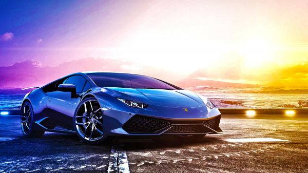 bil,solnedgång,Blue Car,Lamborghini,väg,Beachside Sunset