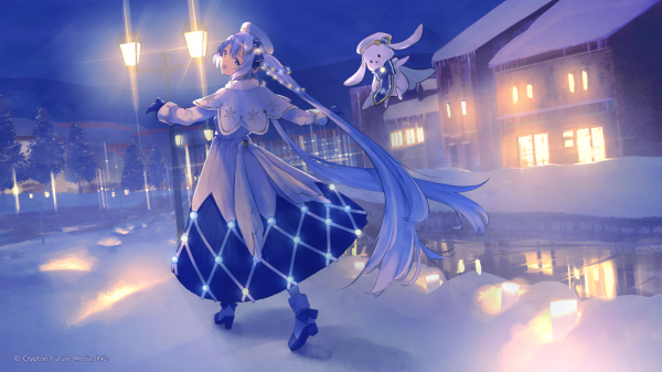 Snow Miku,salju,kelinci,malam,hari Natal,biru