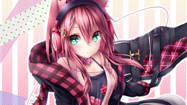 anime pige,anime,Head Phones,lyserød,Cool Jacket,plaid