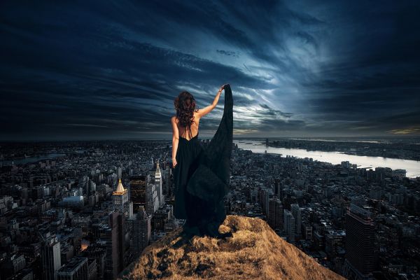 america,background,city,buildings,clouds,dress