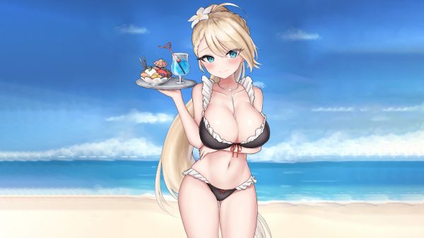 セクシー,長い髪,ビーチ,海,おっぱい,アニメ