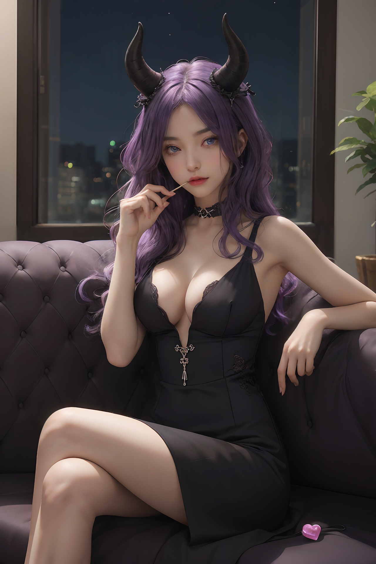 ai art, AI Girl, AIGC, vestido preto, Peito, Gargantilha, decote, demônio, demon girl, menina, coração, Chifres, noite, cabelo roxo, lançamento, Succubus, Coxas, roupa íntima