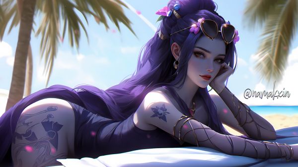 Overwatch,păr mov,anime,plajă,Widowmaker