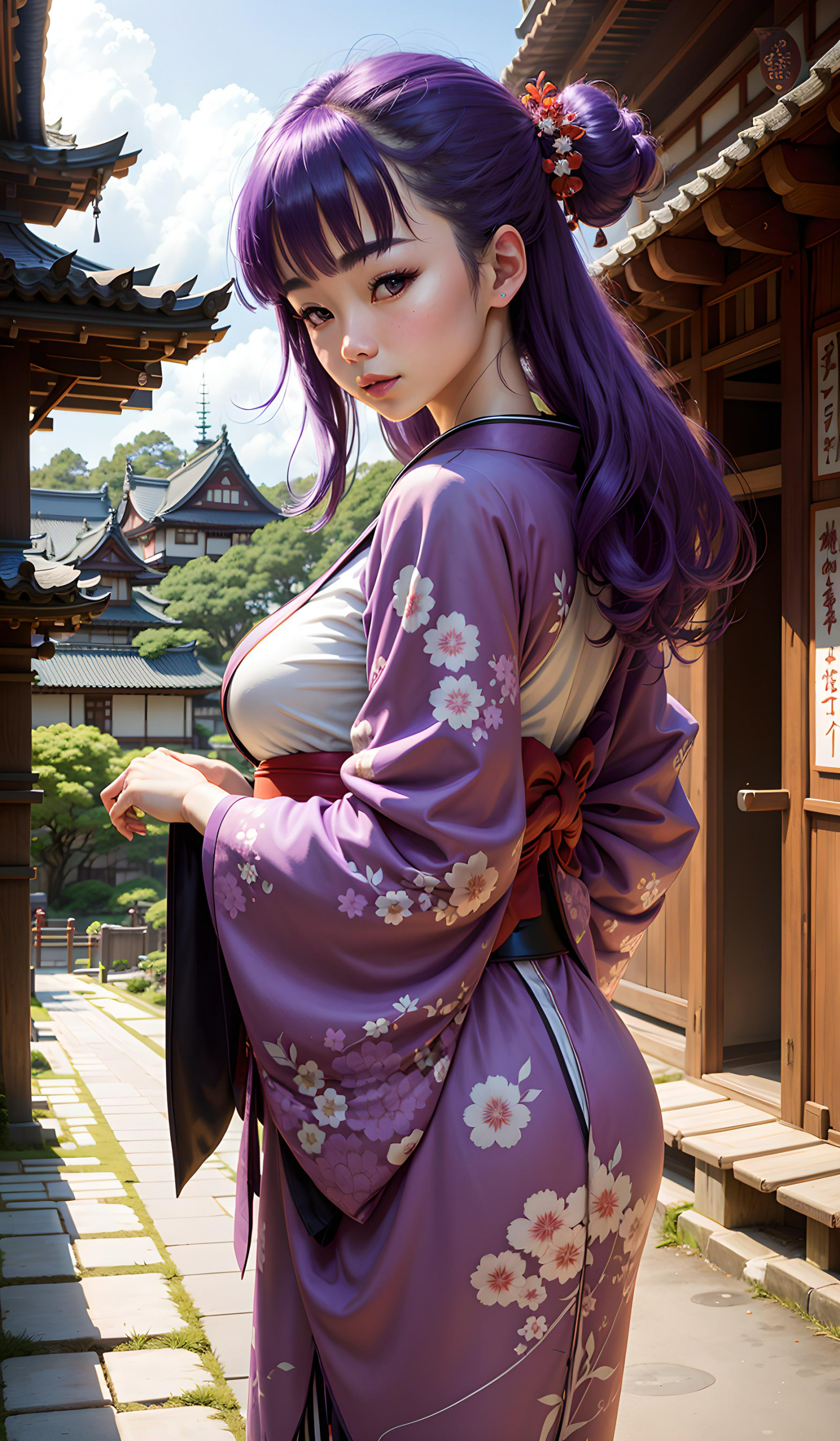 Anime, Ganzkörper, Mädchen, Kimono, lila Haare