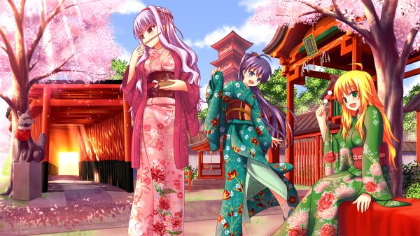 anime,tyttö,kimono,sakura,portit