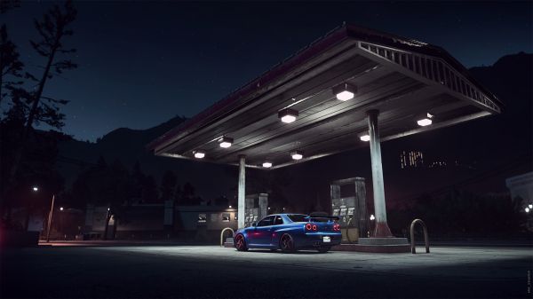 Nissan,Nissan Skyline R34,กลางคืน,nightscape,Gas station,ต้องการความเร็ว