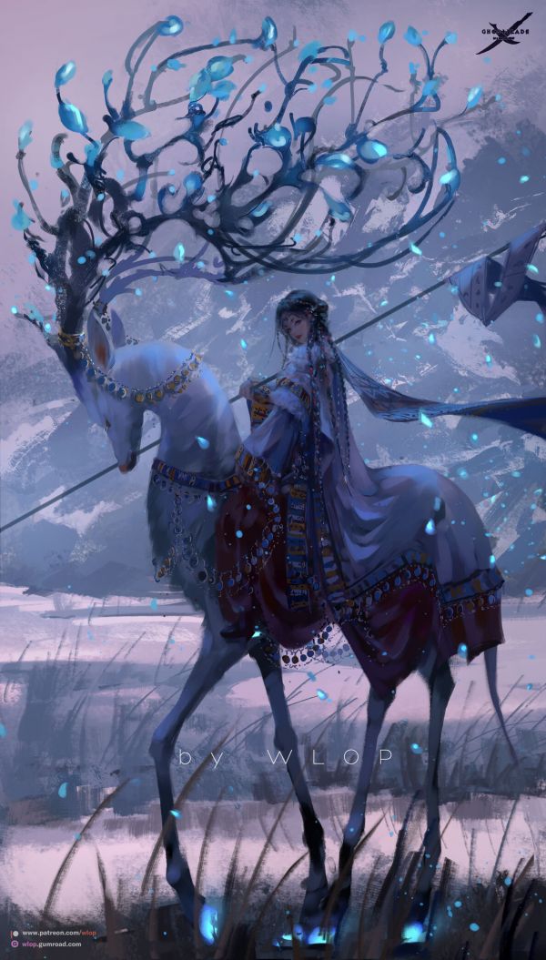 women,animals,WLOP,drawing,reindeer,fantasy art