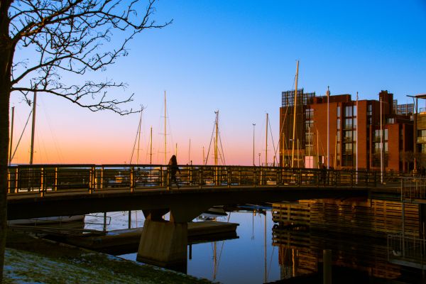 solnedgang, by, bybilledet, afspejling, gade, skyline