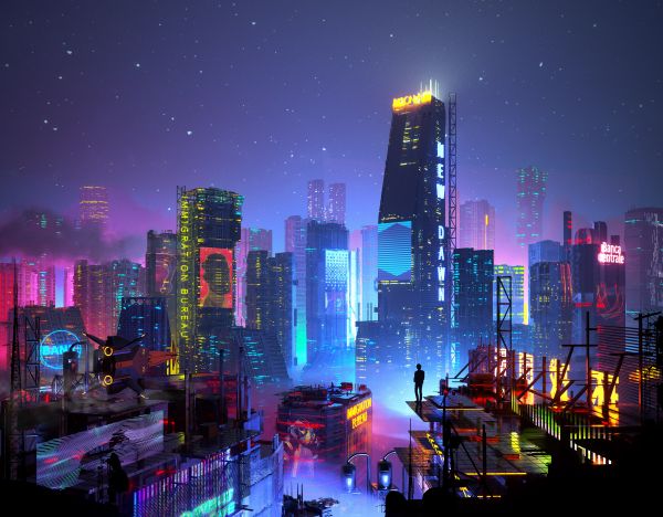 seni digital, karya seni, ilustrasi, kota, Cityscape, malam