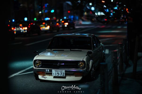 night,car,vehicle,sports car,street,Datsun