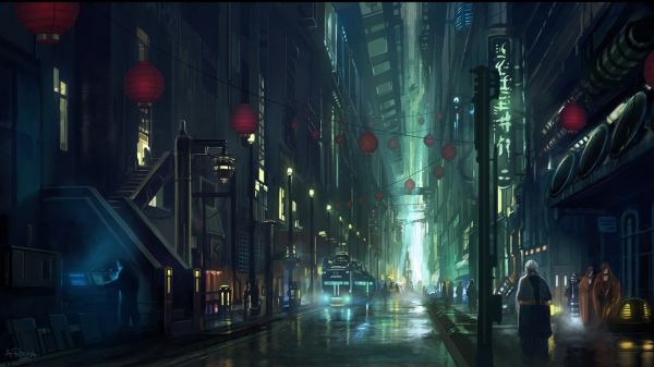 Paysage urbain, nuit, Cyberpunk, futuriste, minuit, lumière