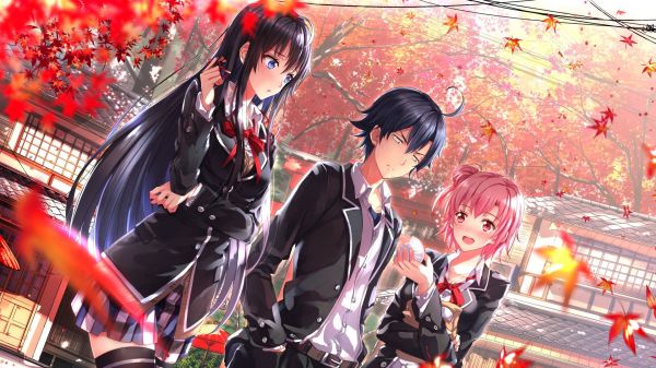 anime,Yahari Ore no Seishun Love Comedy wa Machigatteiru,Yuigahama Yui,Hikigaya Hachiman,leaves,school uniform