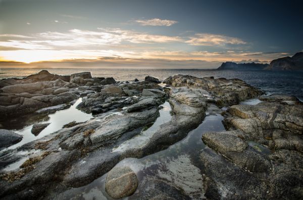 landskap, solnedgang, hav, bukt, vann, falle