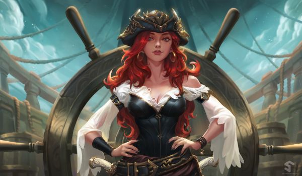 arte digitale, opera d'arte, videogiochi, League of Legends, testa Rossa, miss Fortune