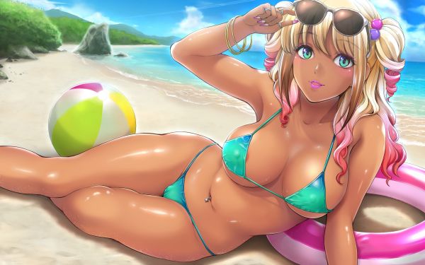 Anime girls,bikini,Underboob,uzun saç,Deve kuşu,gözlük