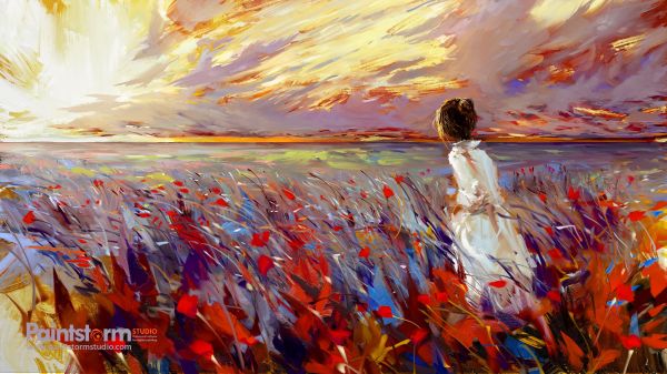 sunlight,painting,digital art,sunset,white dress,field