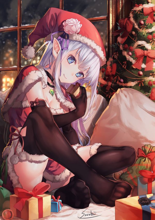 jul,santa tøj,spidse ører,lår højder,Re Zero Kara Hajimeru Isekai Seikatsu,Emilia Re Zero