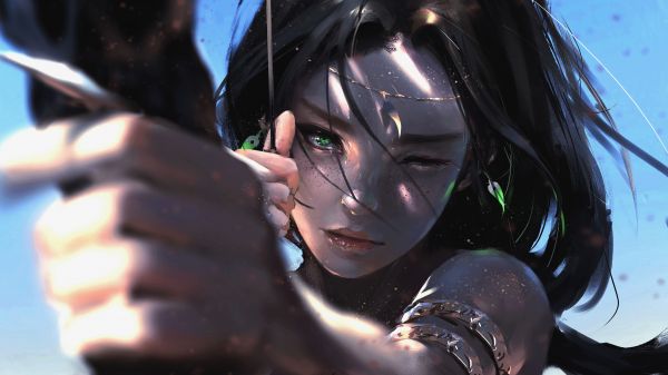 bow and arrow,GUWEIZ,green eyes,black hair