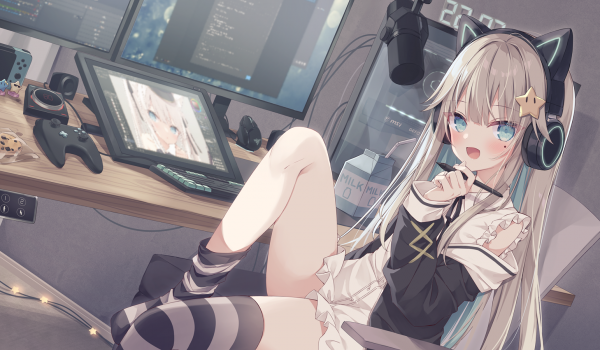 anime girls,blushing,long hair,headphones,Hoshi,women indoors