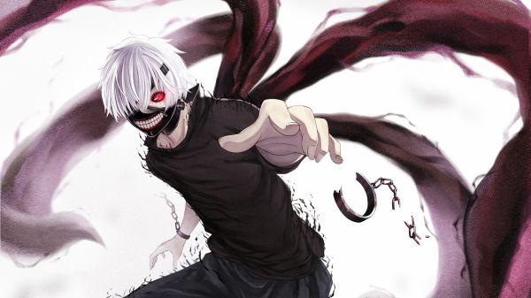 white hair, anime, anime boys, cartoon, mask, red eyes