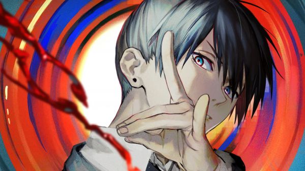 Chainsaw Man,Aki Chainsaw Man,black hair,hand gesture,looking at viewer,psychedelic