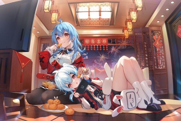 22 bilibili,33 bilibili,two women,bunny ears,fireworks,Black Silk Stockings