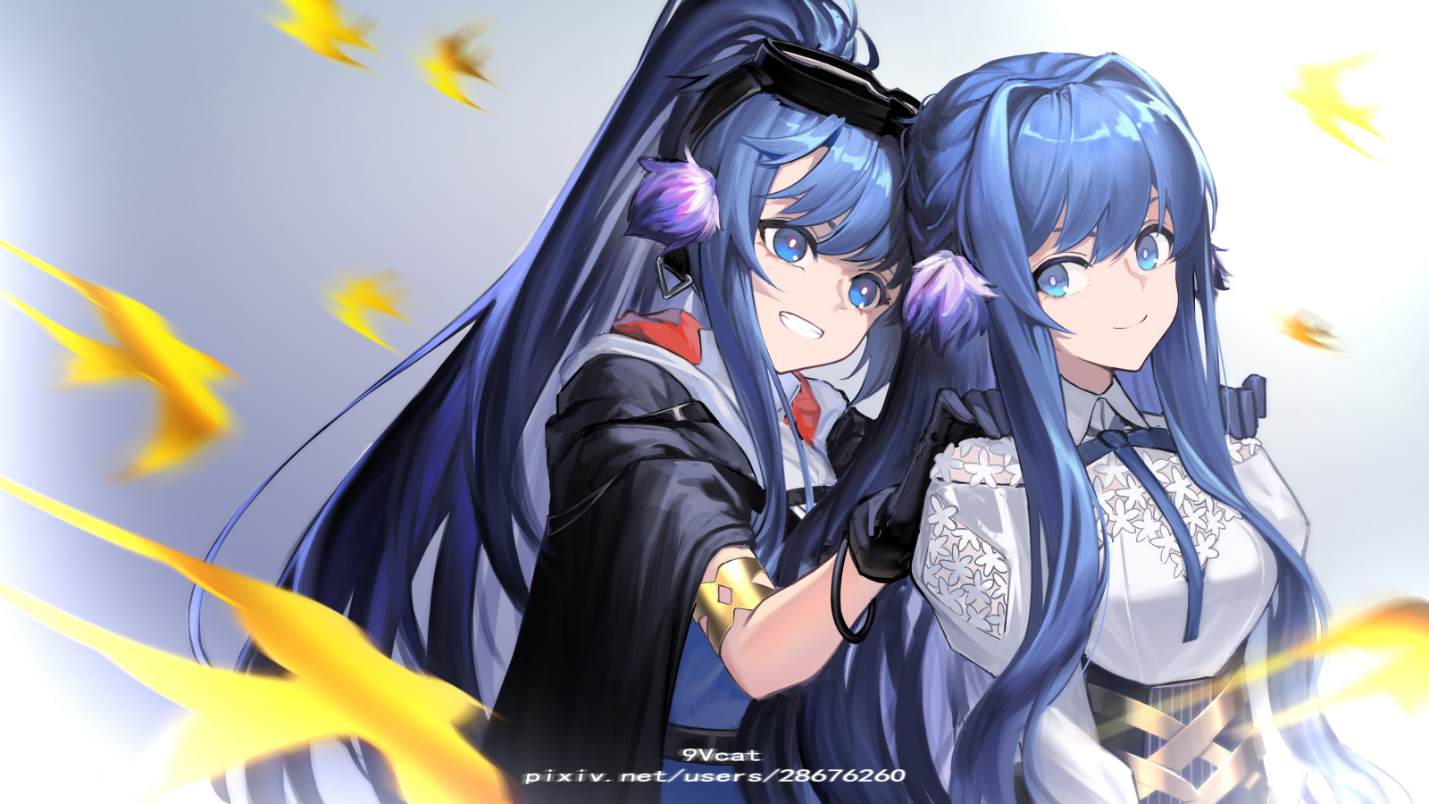 Anime, Chicas anime, Arknights, Astesia Arknights, Astgenne Arknights, pelo largo, Cola de caballo, pelo azul, Gemelos, hermana, two women, Obra de arte, arte digital, arte de fan