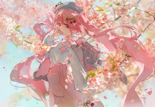 アニメの女の子,ピンクの髪,桜の花