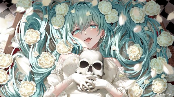 ボーカロイド,背中に横たわって,初音ミク,長い髪,横たわって,ウェディングドレス