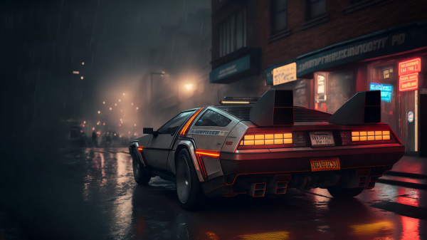 Science fiction, ai art, auto, nacht, sportwagen, DeLorean