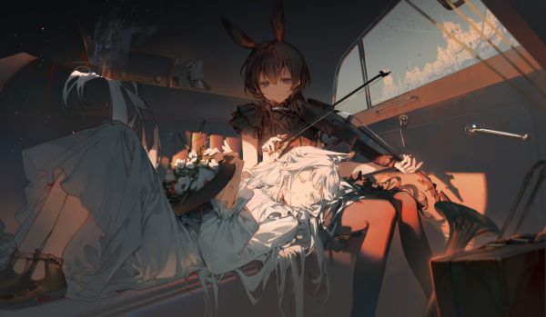 Dyreører,Anime piger,musikinstrument,Arknights,violin,Lukkede øjne