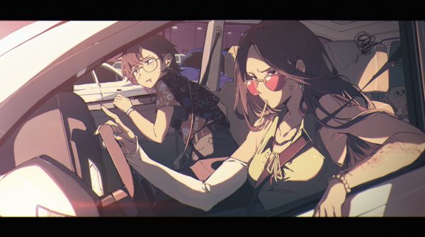 anime girls,car,sunglasses