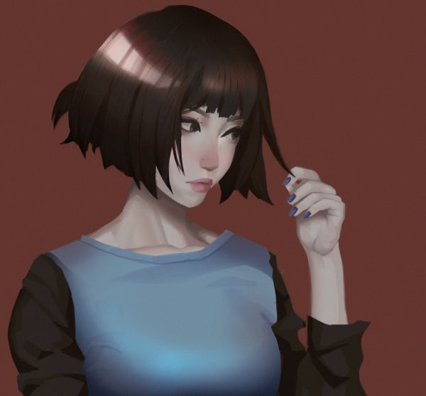 anime,animemeisjes,gezicht,brunette,ArtStation,eenvoudige achtergrond