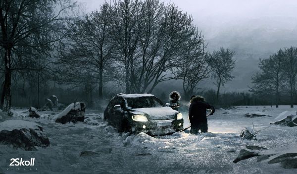 inverno, la neve, auto, pale, donne, opera d'arte