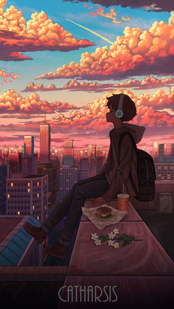 Paysage urbain,Garçons anime,le coucher du soleil,long sleeves,écouteurs,séance