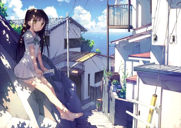 anime,anime girls,seduta,lettura,blu,primavera