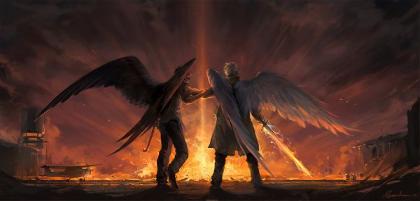 Good Omens TV Series,Netflix TV Series,anioł,Demon,miecz,skrzydełka