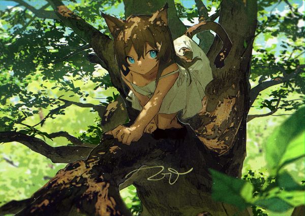 natur,anime,animeflickor,katt kvinna,bark,klänning