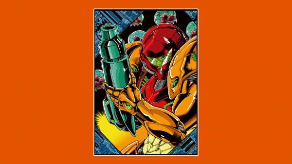 Metroid,Samus Aran,schild,machtskostuum,oranje achtergrond,eenvoudige achtergrond