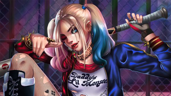 harley Quinn,DC Comics,bejzbalová pálka,pri pohľade na diváka,modré oči,Suicide Squad