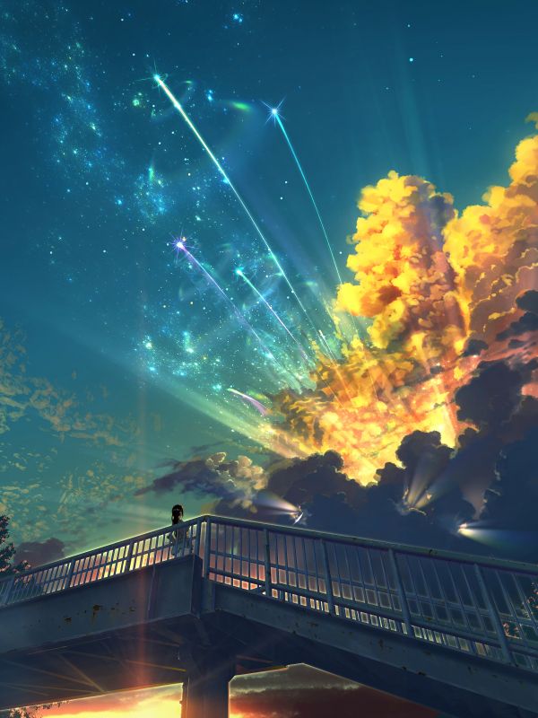 animemeisjes,starred sky,zwart haar,wolken,vallende sterren,brug