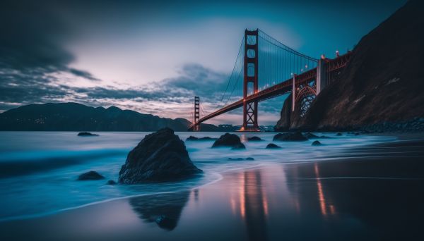 ai art,Golden Gate Bridge,Blue hour,ponte,agua,Pedras