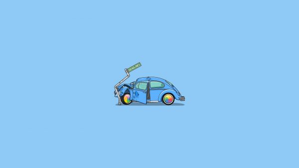 crash,illustration,2560x1440 px,Fond bleu,Minimalisme,Volkswagen Beetle