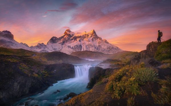 landschap,zonsondergang,natuur,reflectie,waterval,rots